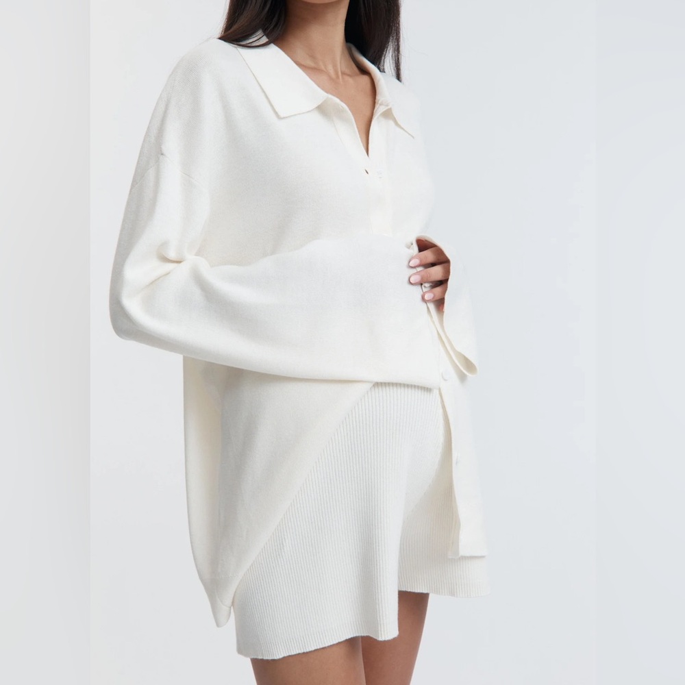 Maternity Ivory Knit Button Down Collar Sweater